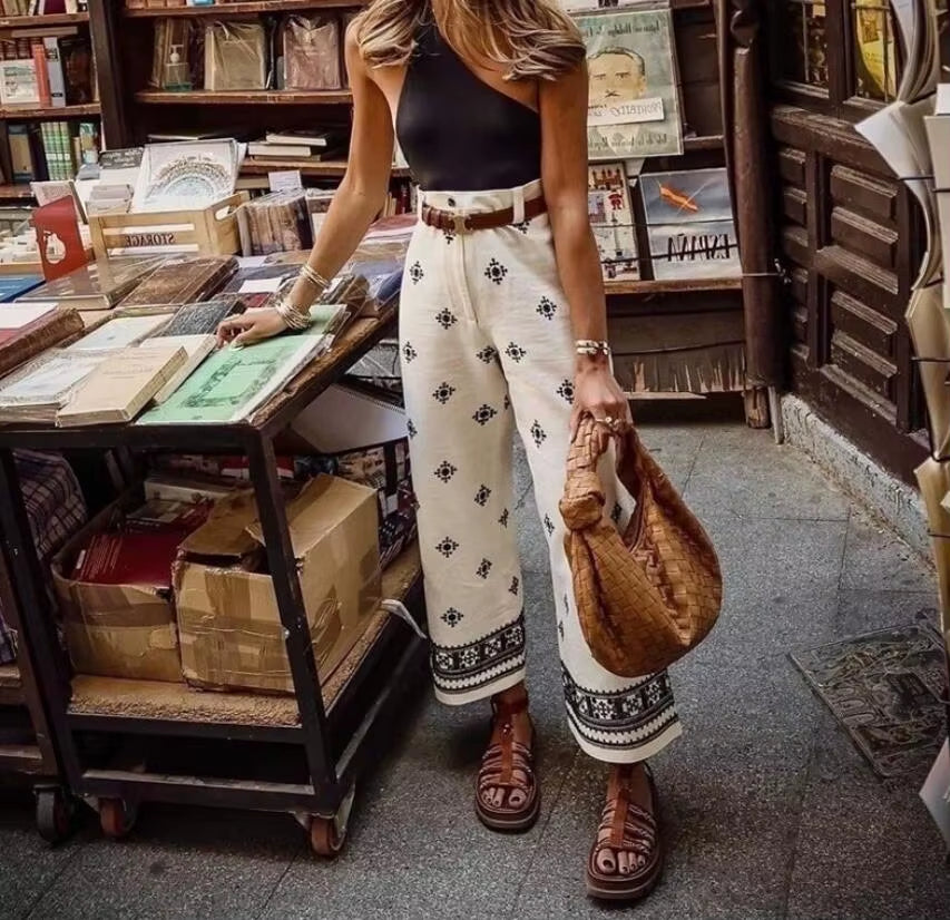 New Fashion Printed Bohemian High Waist Wide Leg Pants for Women