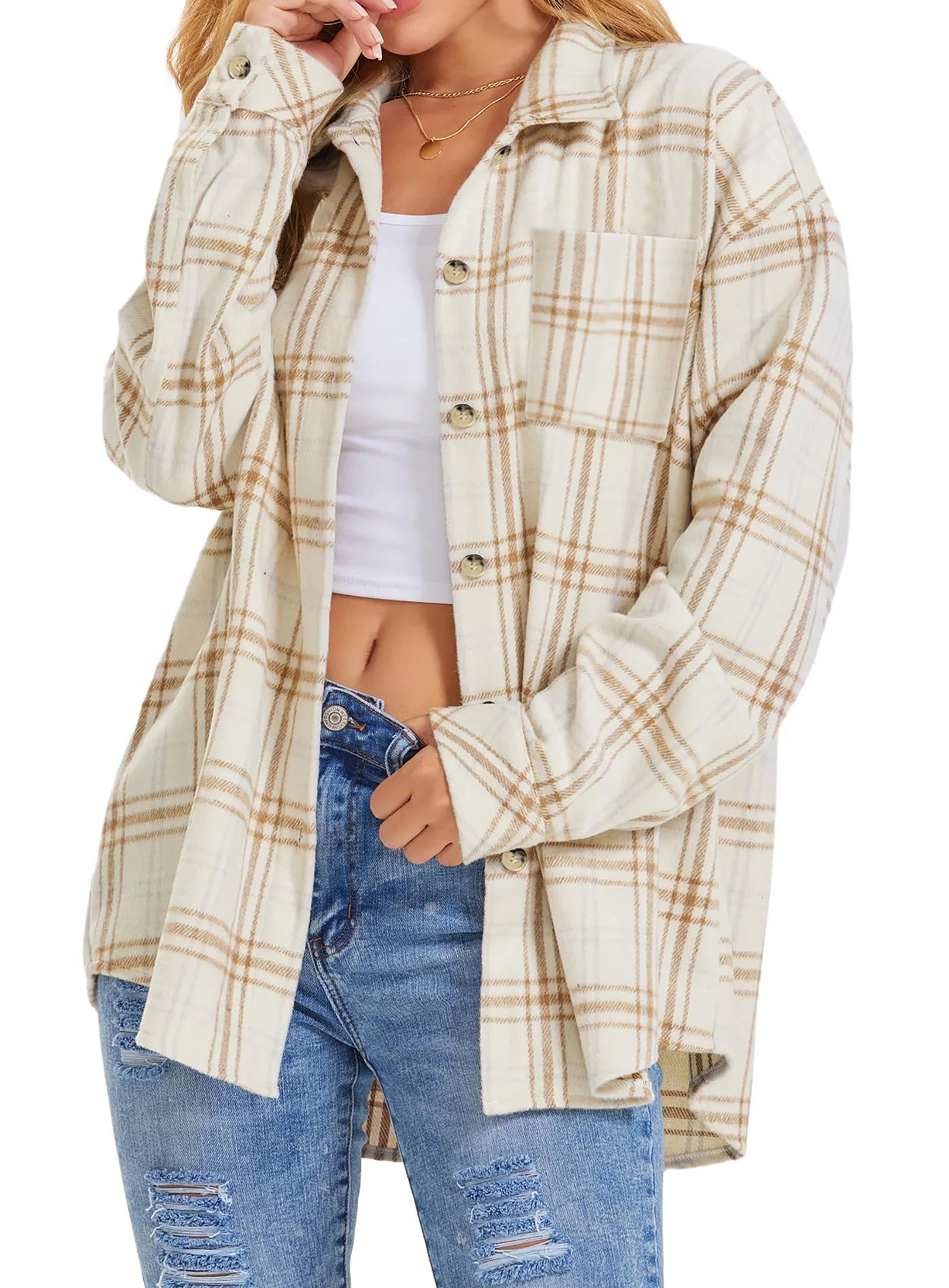 Womens Plaid Shirts Flannel Shacket Jacket Long Sleeve Button down Shirts Blouses Tops