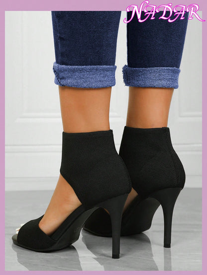 Women'S Minimalist Thick High Heel Knitted Sandals, Casual Solid Color anti Slip Sandals