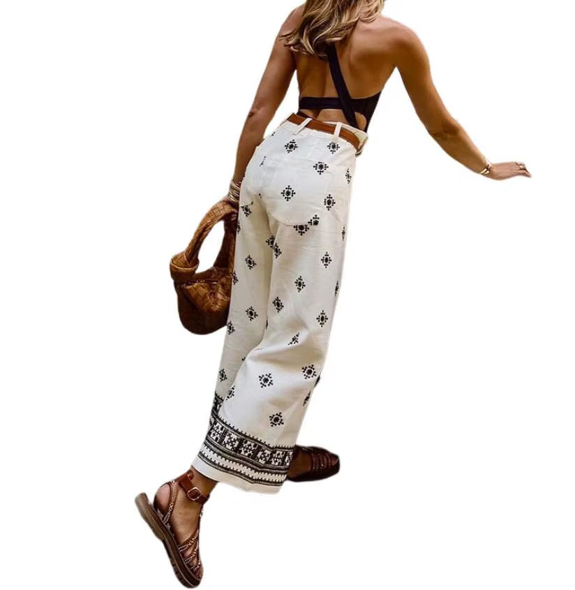 New Fashion Printed Bohemian High Waist Wide Leg Pants for Women