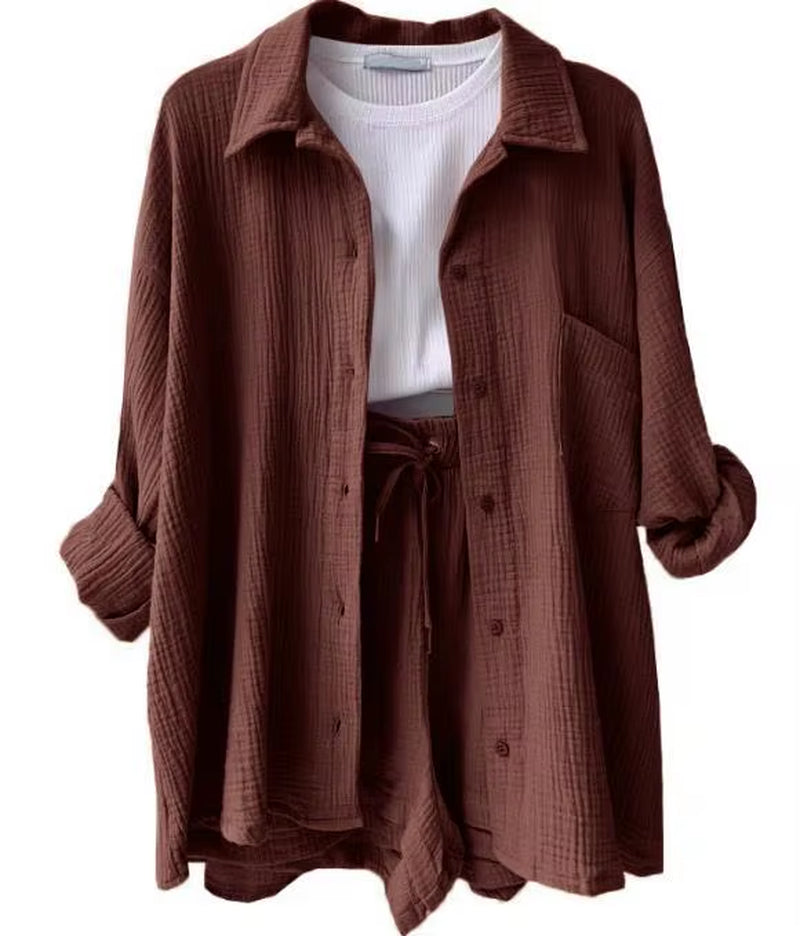 Solid Color Casual Loose Short Pants Sets for Women 2025 Elegant Summer Women'S Two Pieces Suit Full Set Female Outfit Clothes