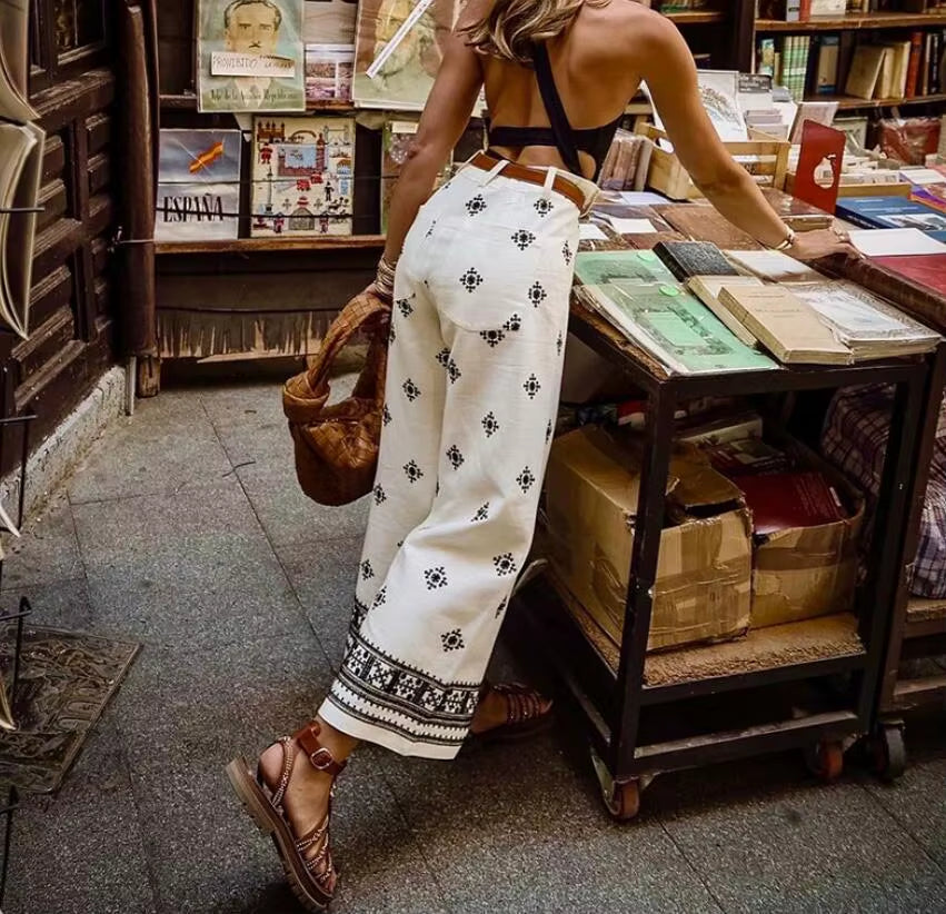 New Fashion Printed Bohemian High Waist Wide Leg Pants for Women