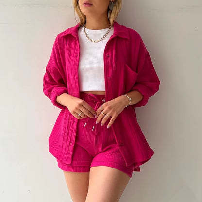 Solid Color Casual Loose Short Pants Sets for Women 2025 Elegant Summer Women'S Two Pieces Suit Full Set Female Outfit Clothes
