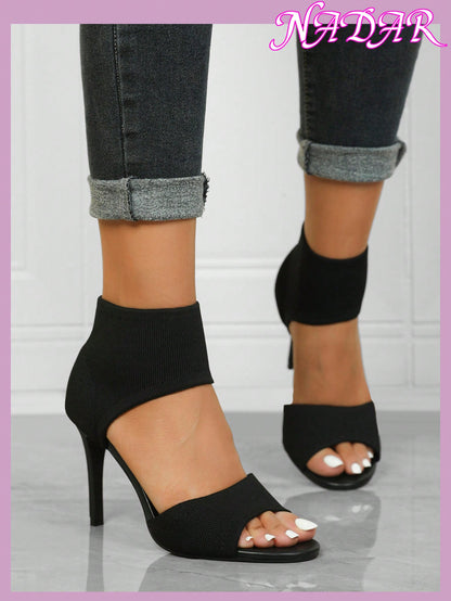 Women'S Minimalist Thick High Heel Knitted Sandals, Casual Solid Color anti Slip Sandals