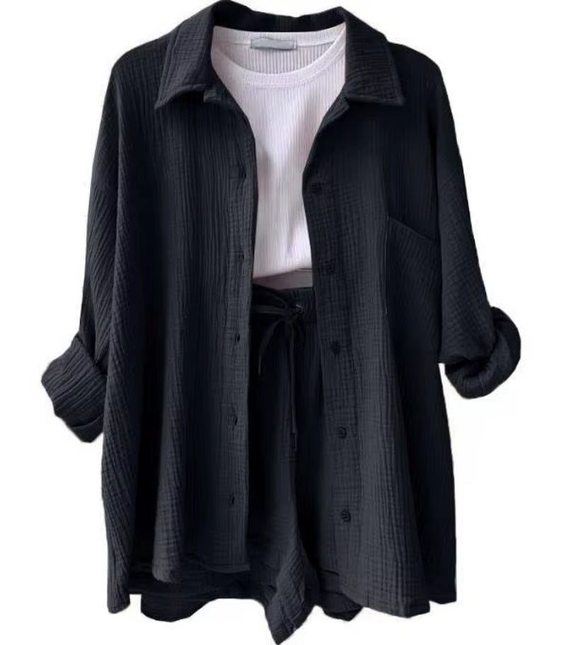 Solid Color Casual Loose Short Pants Sets for Women 2025 Elegant Summer Women'S Two Pieces Suit Full Set Female Outfit Clothes